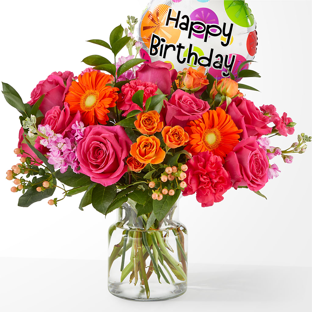 Fiesta Bouquet with Birthday Balloon – Blooming Branches, Guttenberg IA