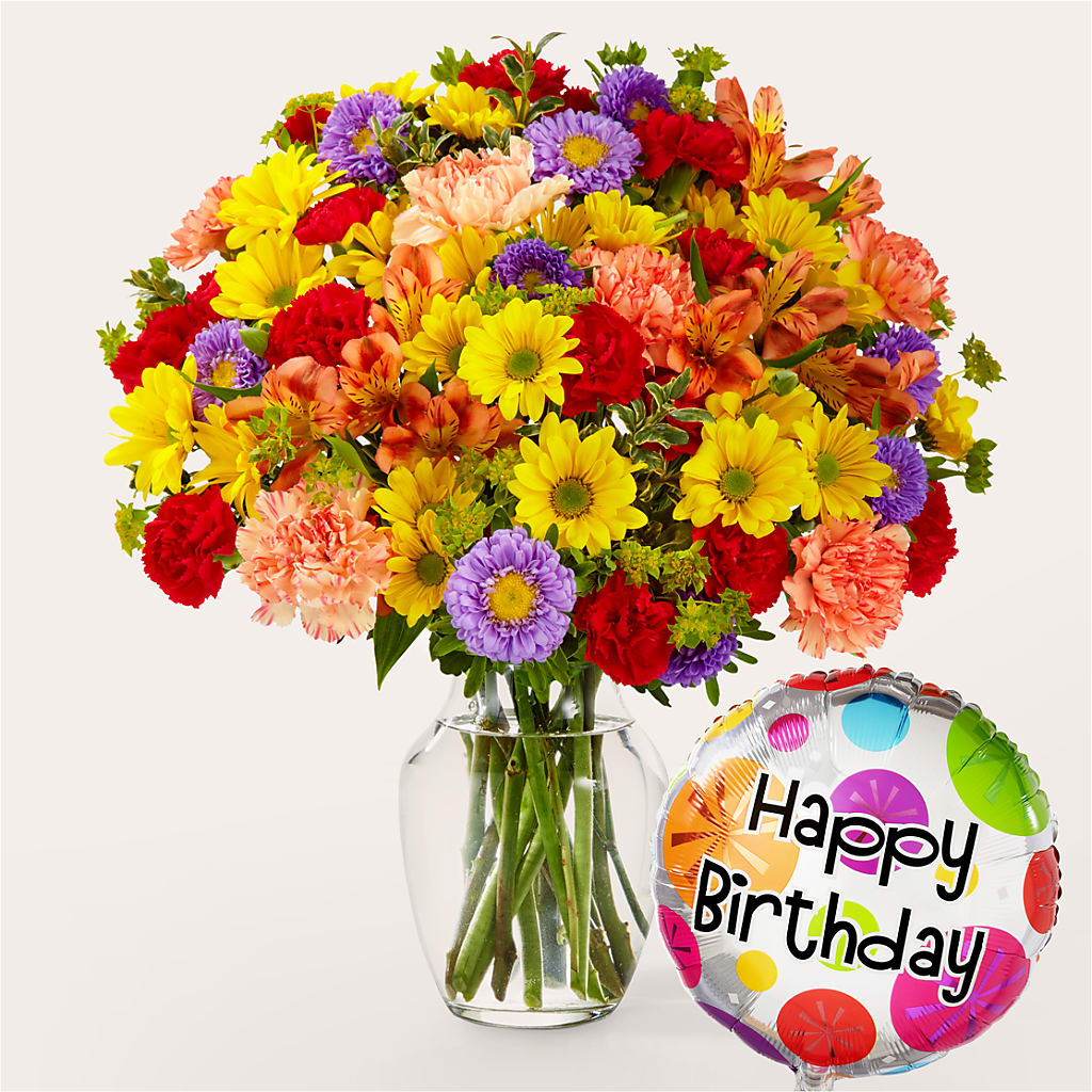 Kaleidoscope Bouquet with Birthday Balloon – Blooming Branches, Guttenberg IA