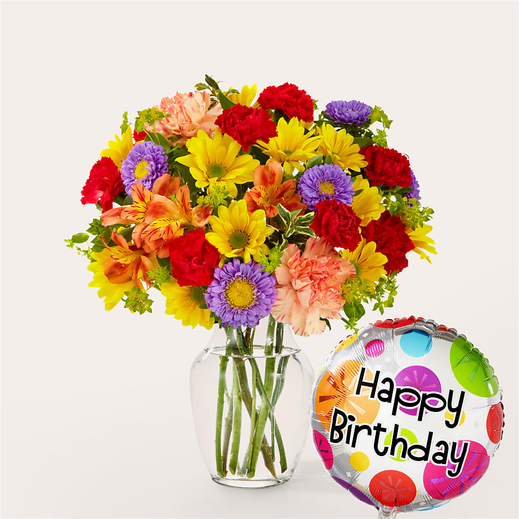 Kaleidoscope Bouquet with Birthday Balloon – Blooming Branches, Guttenberg IA