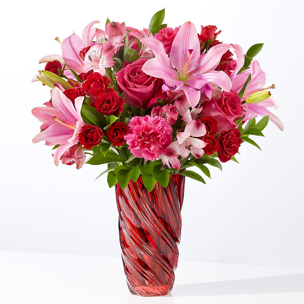 In Love Bouquet with Luxe Swirl Vase – Blooming Branches, Guttenberg IA