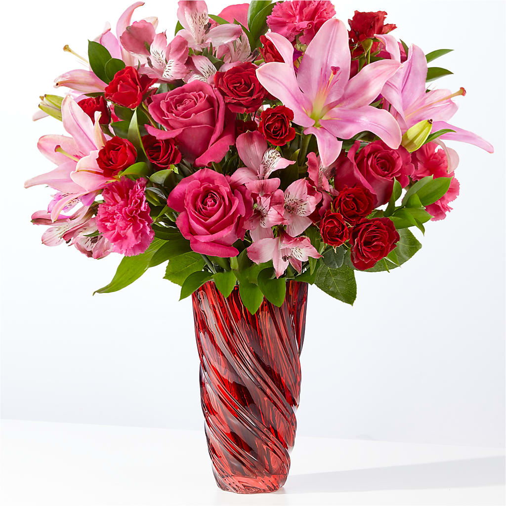 In Love Bouquet with Luxe Swirl Vase – Blooming Branches, Guttenberg IA