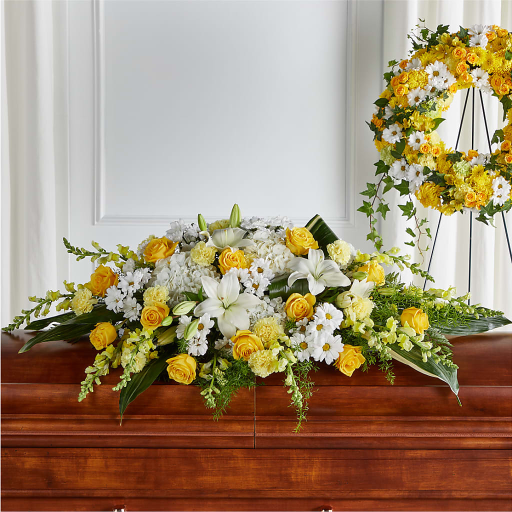Golden Harmony Casket Spray – Blooming Branches, Guttenberg IA