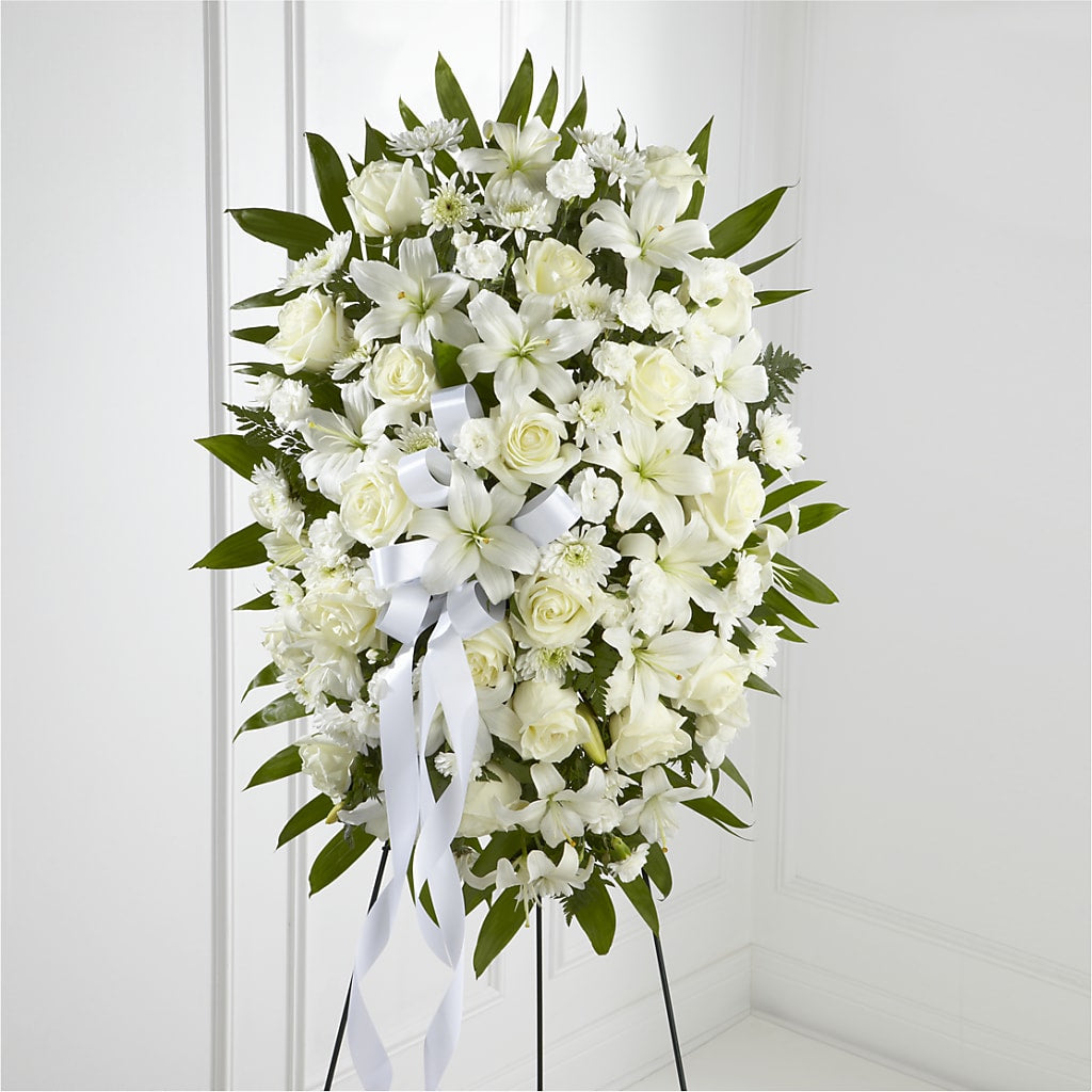 Exquisite Tribute Standing Spray-White Ribbon – Blooming Branches, Guttenberg IA