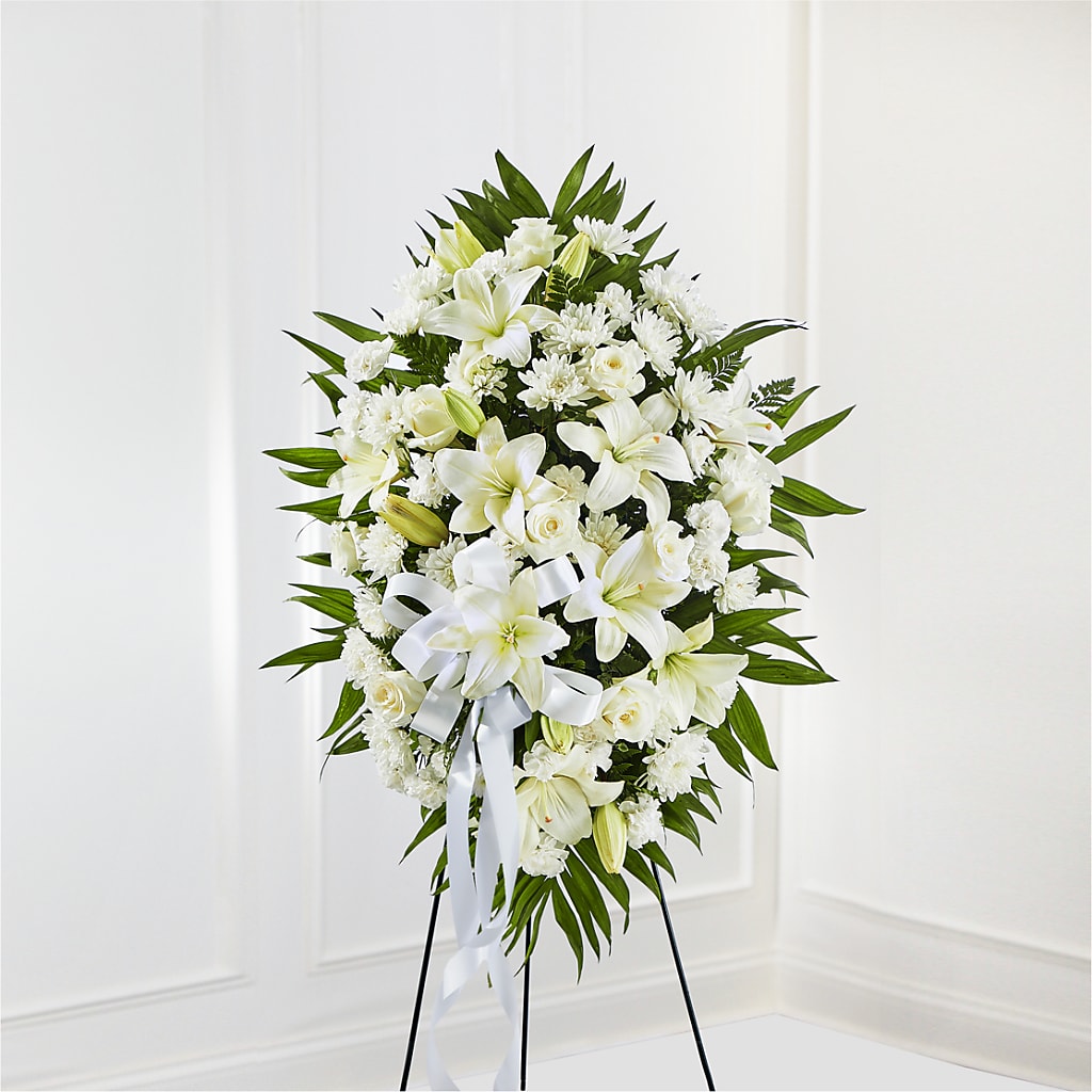 Exquisite Tribute Standing Spray-White Ribbon – Blooming Branches, Guttenberg IA
