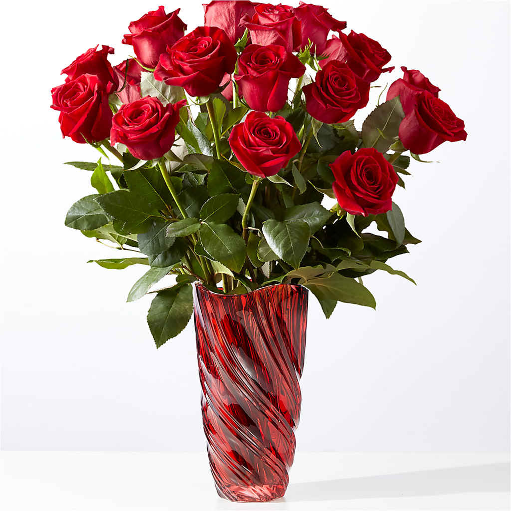 Classic Love Red Rose Bouquet with Luxe Swirl Vase – Blooming Branches, Guttenberg IA