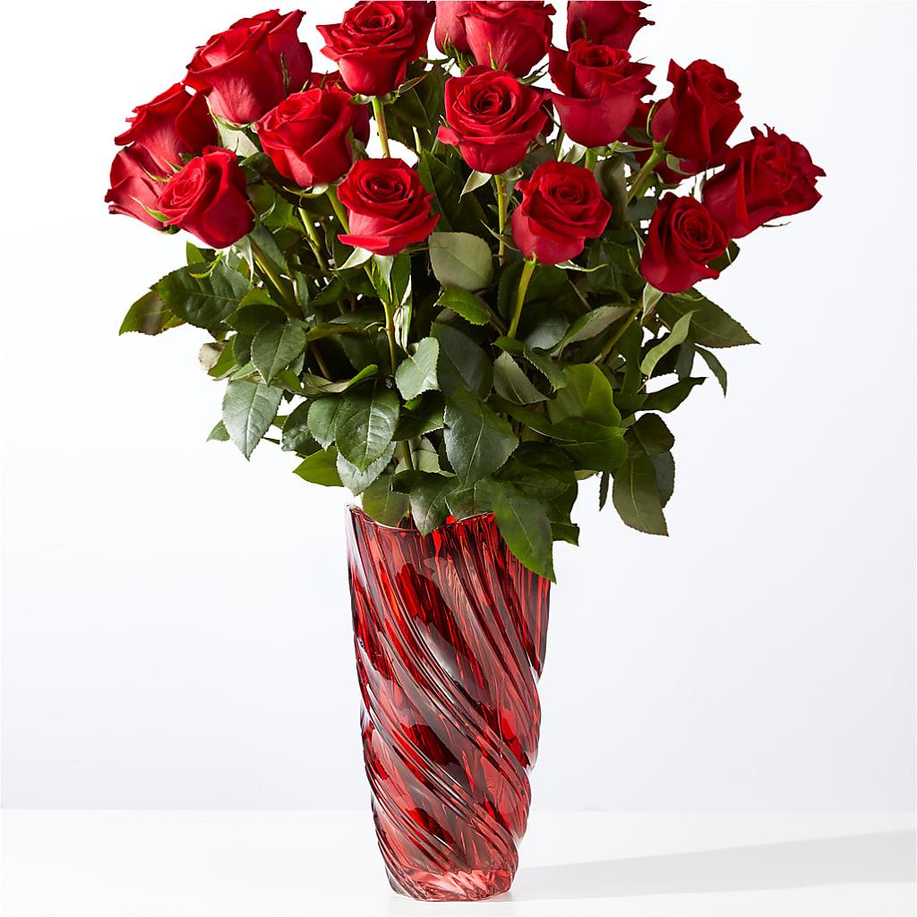 Classic Love Red Rose Bouquet with Luxe Swirl Vase – Blooming Branches, Guttenberg IA