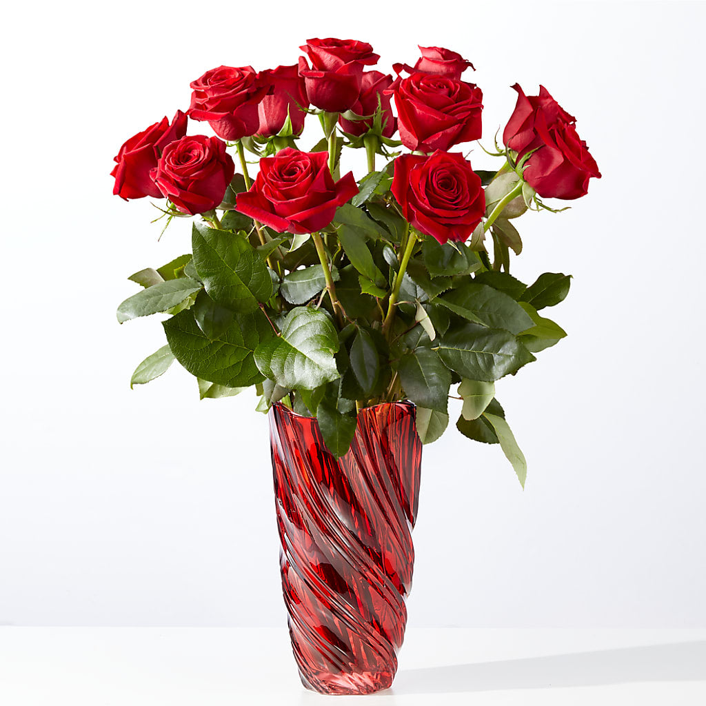 Classic Love Red Rose Bouquet with Luxe Swirl Vase – Blooming Branches, Guttenberg IA