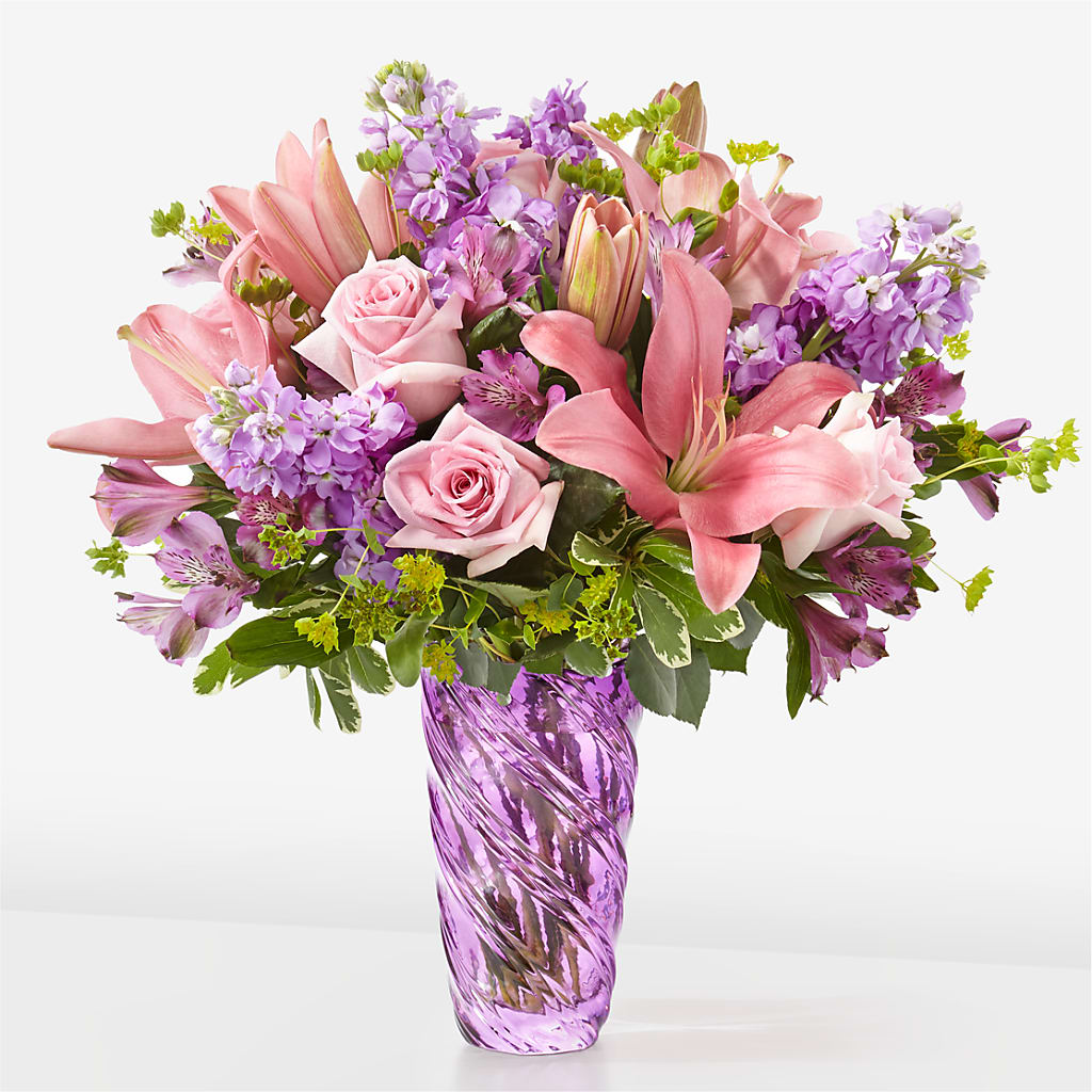 Precious Petals Bouquet with Luxe Swirl Vase – Blooming Branches, Guttenberg IA