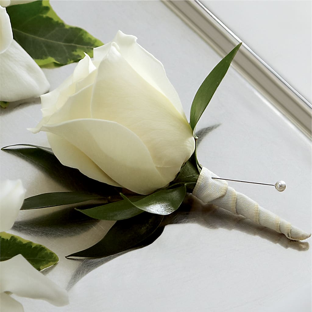 White Rose Boutonniere – Blooming Branches, Guttenberg IA
